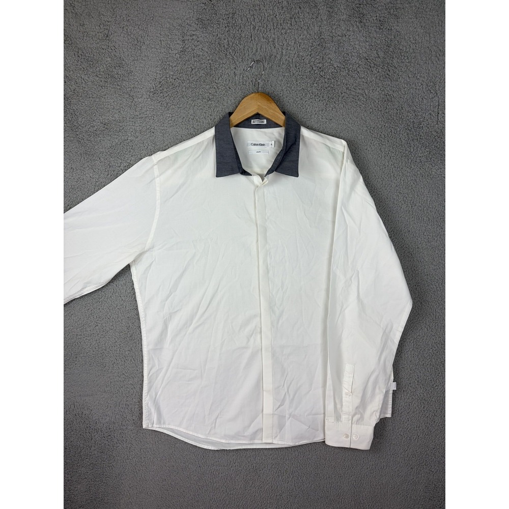 Calvin Klein Shirt Mens XL White Colorblock Slim Fit Stretch Dress Long Sleeve